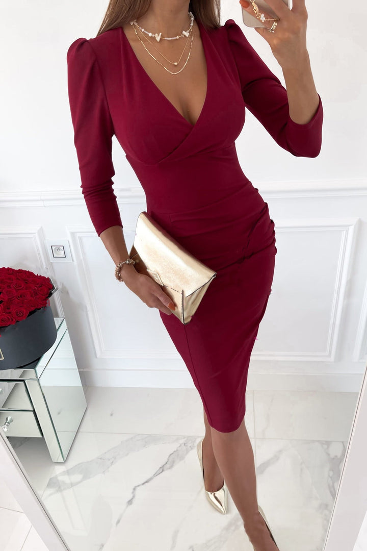 Chic fashion V-neck ruched midi dress with elegant puffy sleeves, a sophisticated women's party dress.