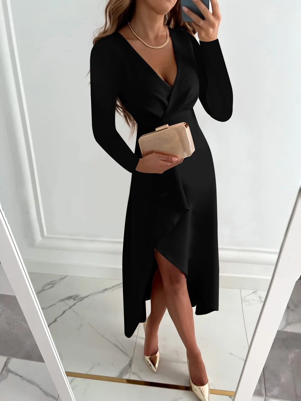 Versatile women's midi dress with V-neckline and bodycon sheath silhouette, ideal for various occasions