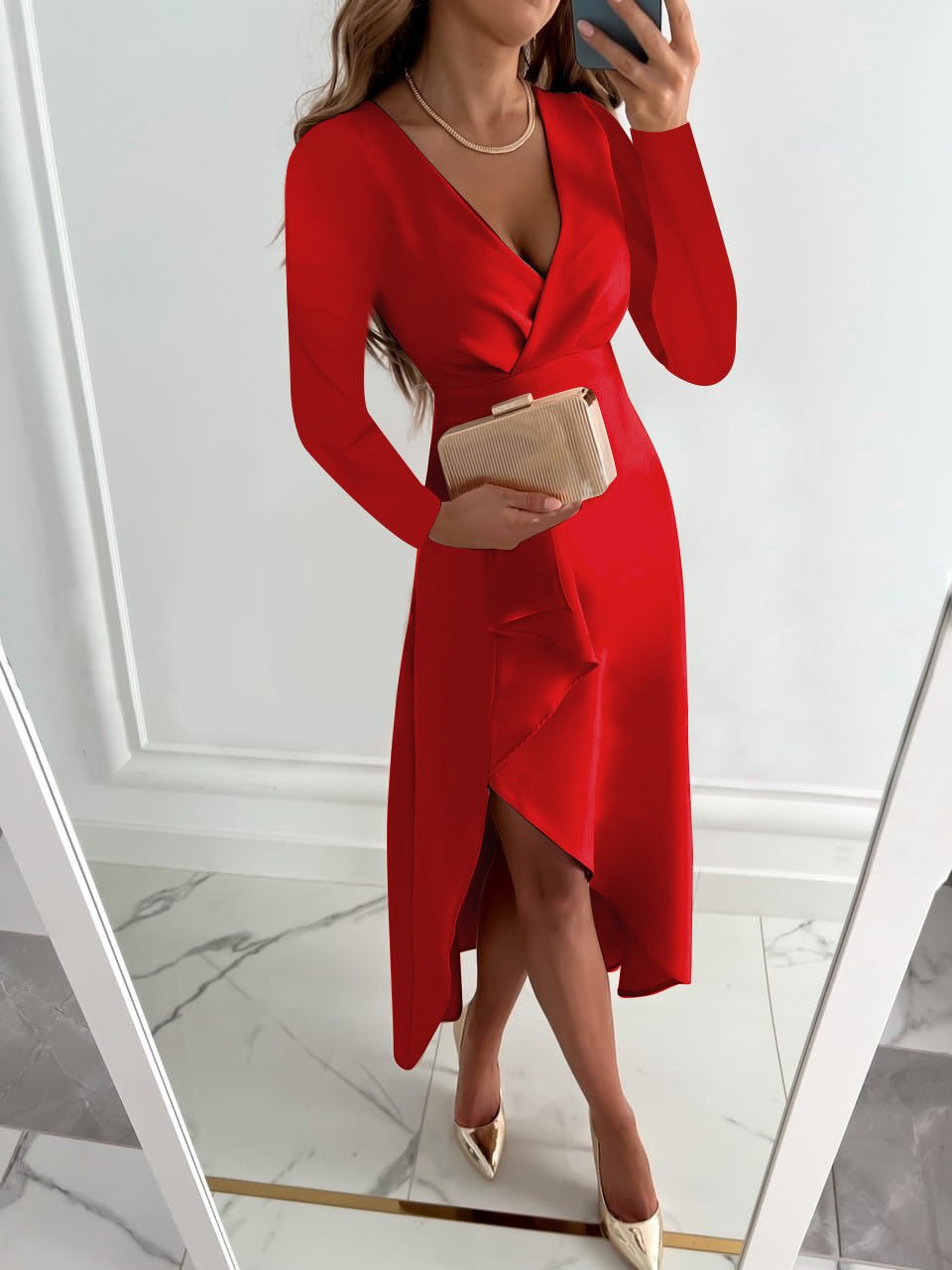Chic V-neck sheath midi dress, a versatile and elegant women's fashion piece with a front slit