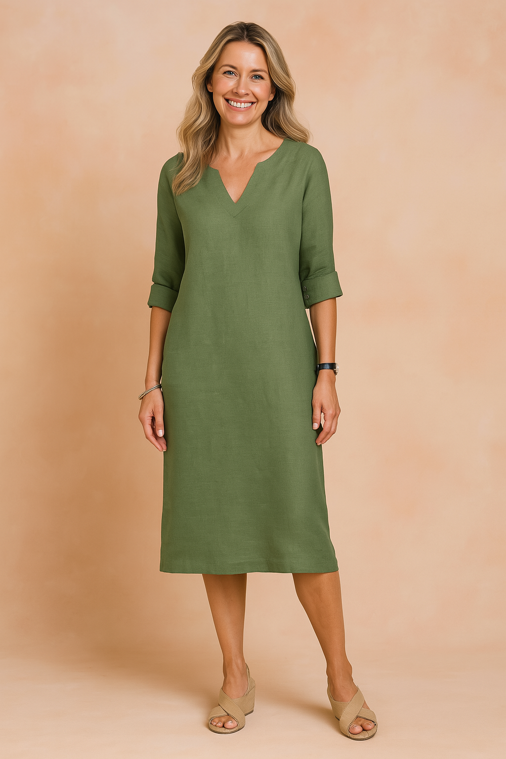 Everyday women's V-neck shift dress, relaxed fit, 3/4 sleeves. A versatile, comfortable knee-length dress.