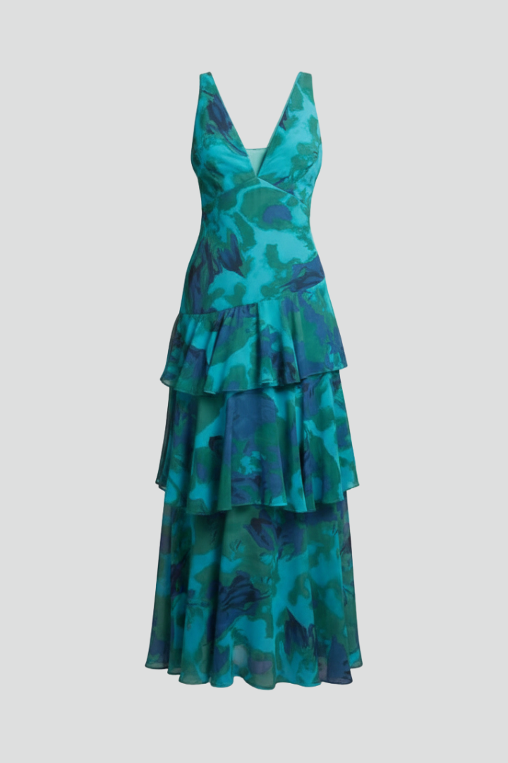 Elegant women's V-neck tiered maxi dress, perfect for summer casual or party wear.