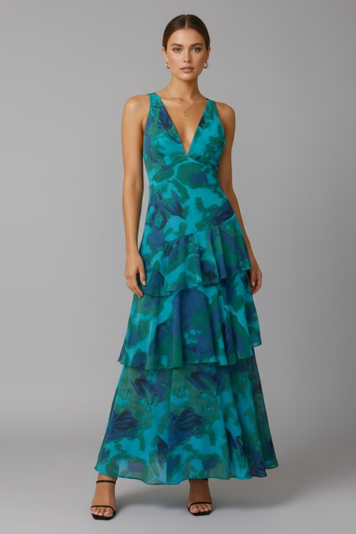 Flowy V-neck tiered maxi dress for women, ideal for a comfortable and stylish look.