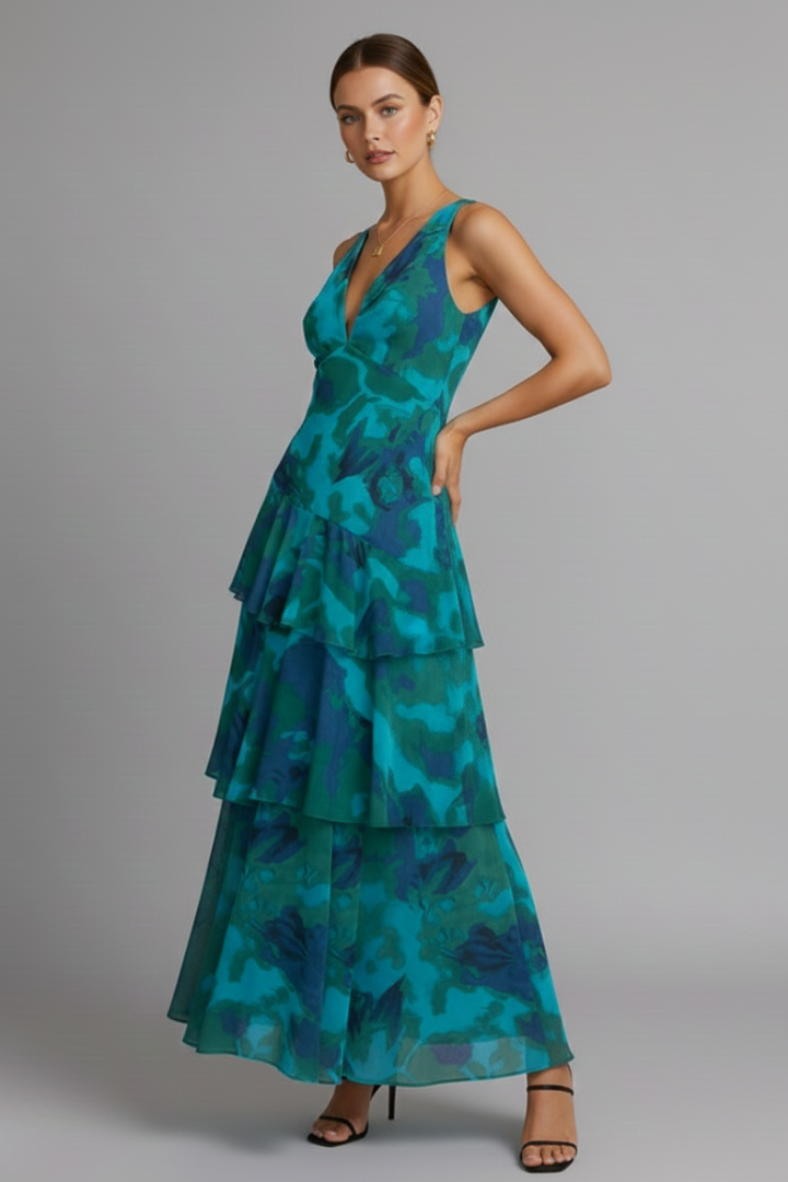 Casual V-neck tiered maxi dress for women, a versatile piece for various occasions.
