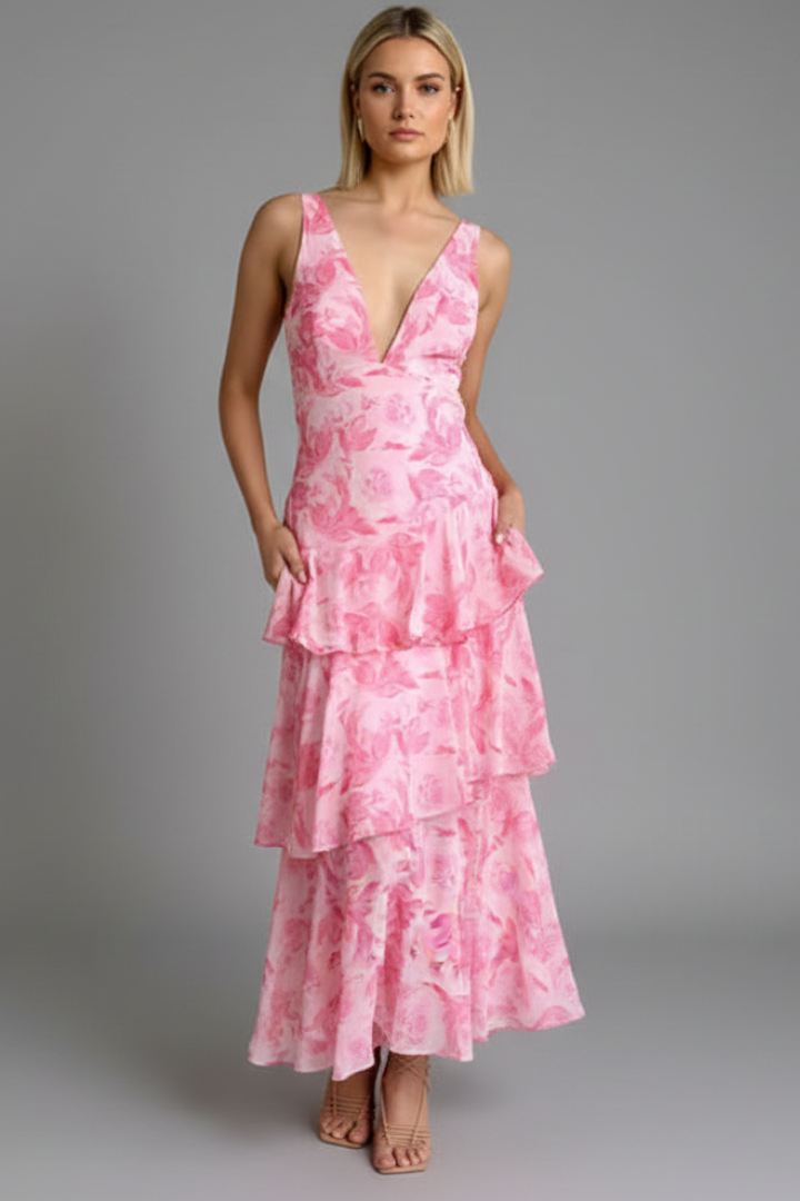 Stylish women's V-neck tiered maxi dress, showcasing a beautiful flowy design.
