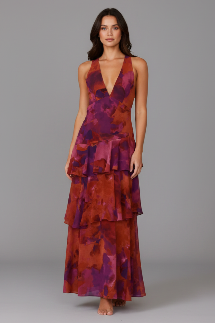Party-ready V-neck tiered maxi dress for women, blending elegance with summer comfort.