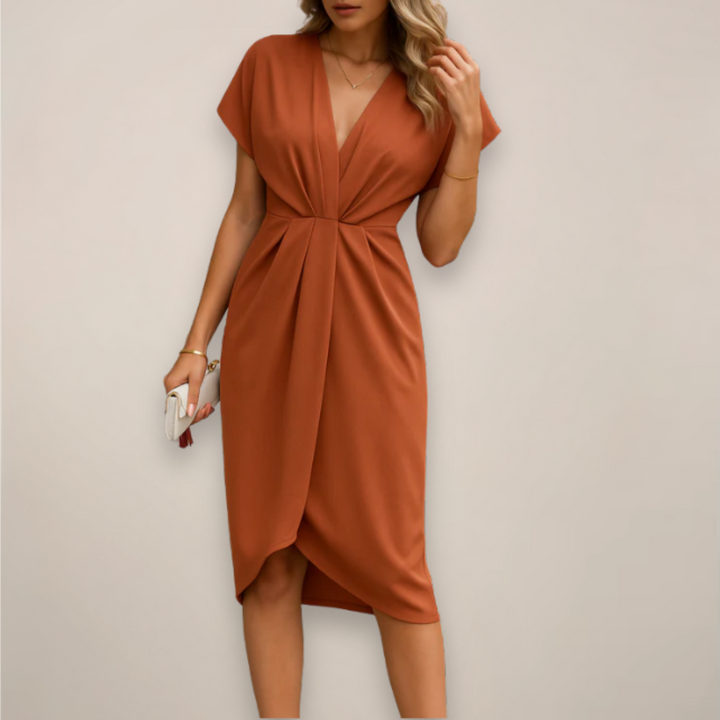 Women's stylish V-neck wrap midi dress, ideal for summer event wear