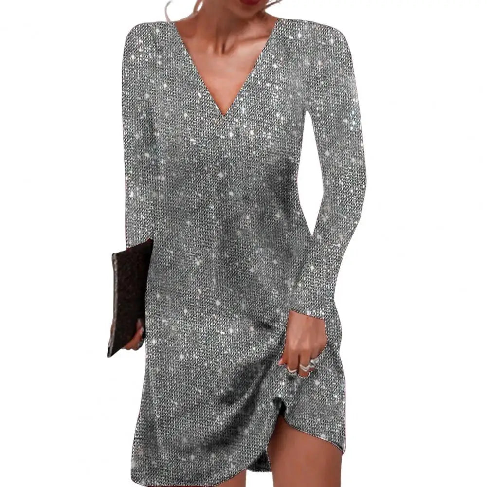 Stylish V-neck wrap dress for women, a versatile midi length in a flowing fabric.