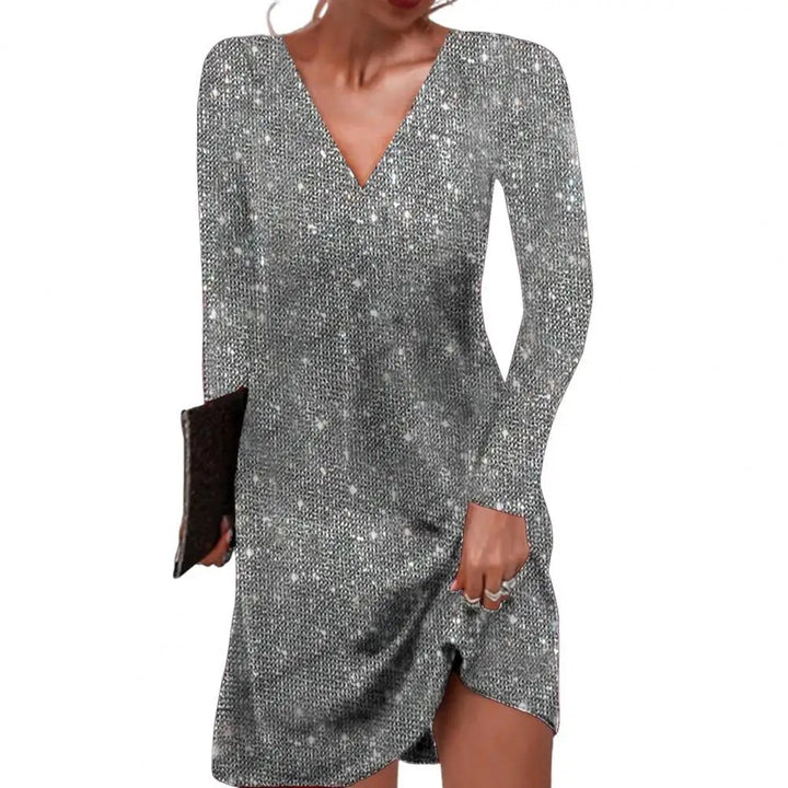 Stylish V-neck wrap dress for women, a versatile midi length in a flowing fabric.