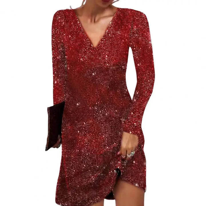 Formal women's elegant wrap dress with a flattering V-neckline, ideal for any party.