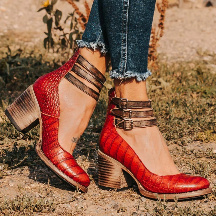 Women's summer vintage ankle strap heels featuring an elegant block heel, great for celebrations.