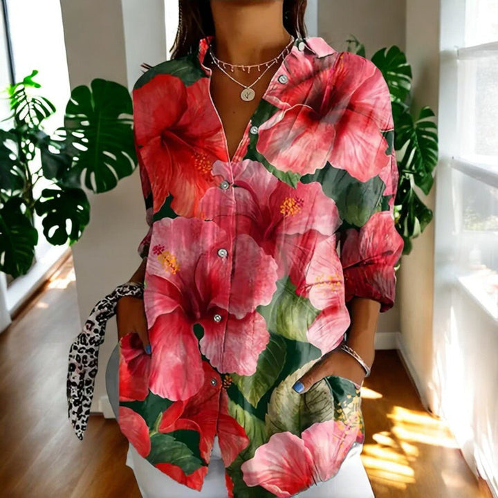 Elegant women's vintage blouse, long sleeve, patterned. Classic style, comfortable for work or casual chic.