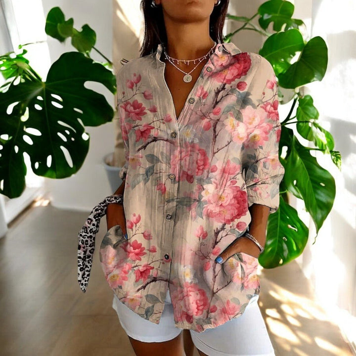 Elegant women's vintage patterned long sleeve blouse. Classic top offering comfort and versatile chic style.