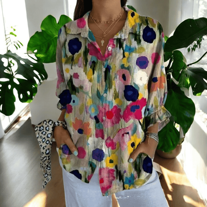 Fashionable women's elegant vintage blouse, patterned long sleeve top. Classic style for work or casual versatility.