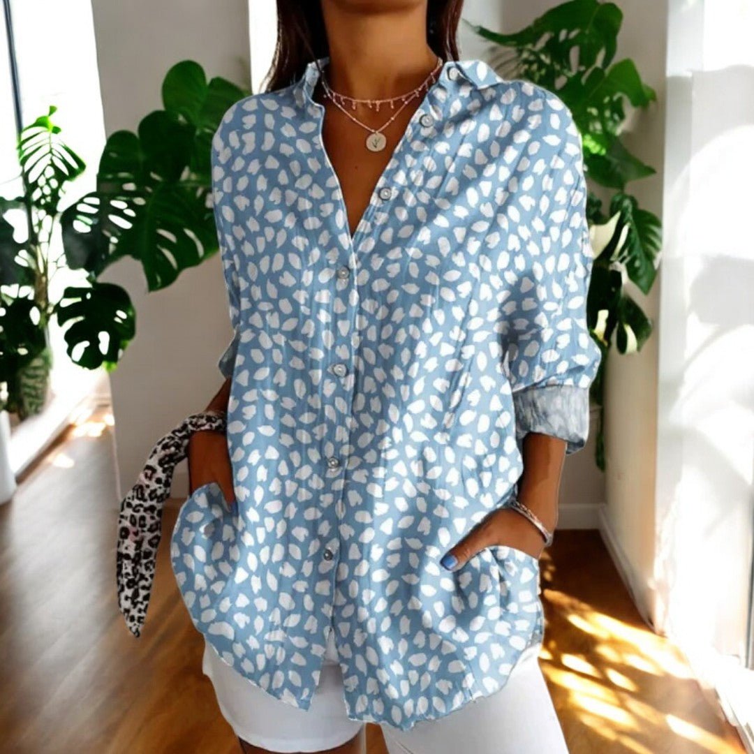 Women's elegant patterned long sleeve vintage blouse. Timeless top, comfortable & versatile for chic fashion.