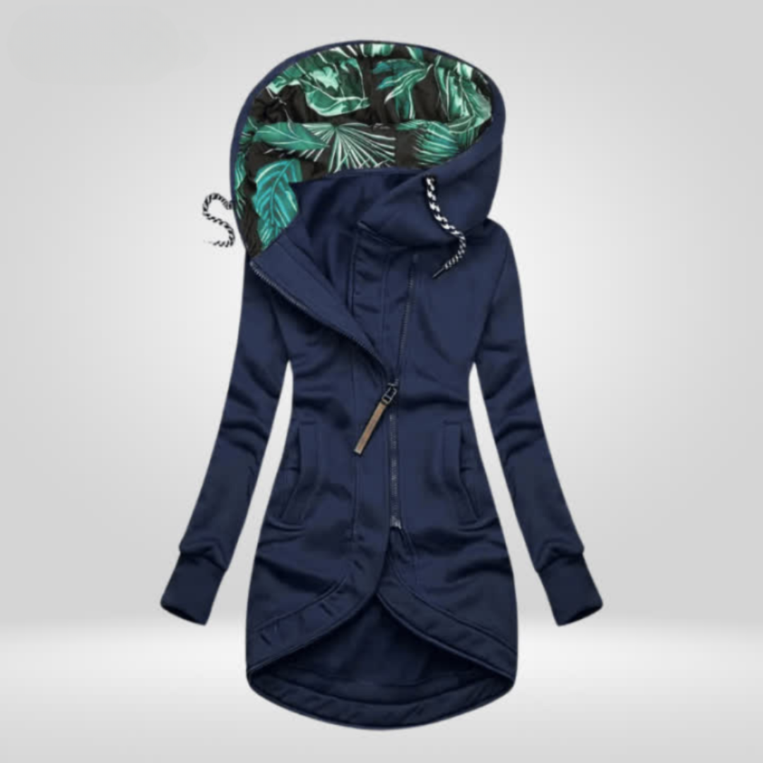 Elegant women's waterproof winter coat in a neutral color, perfect for warmth and style.