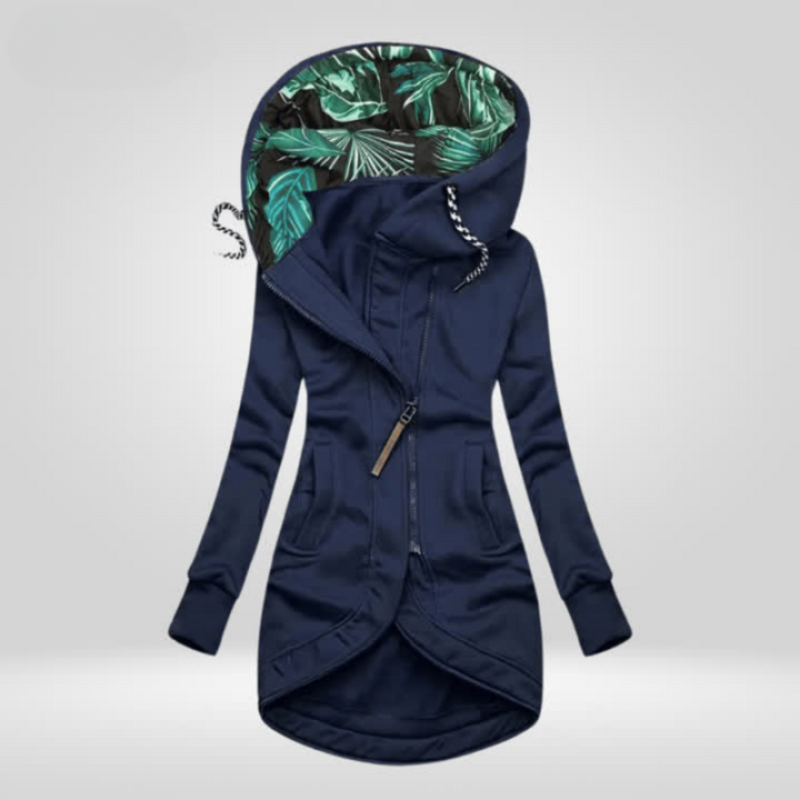 Elegant women's waterproof winter coat in a neutral color, perfect for warmth and style.