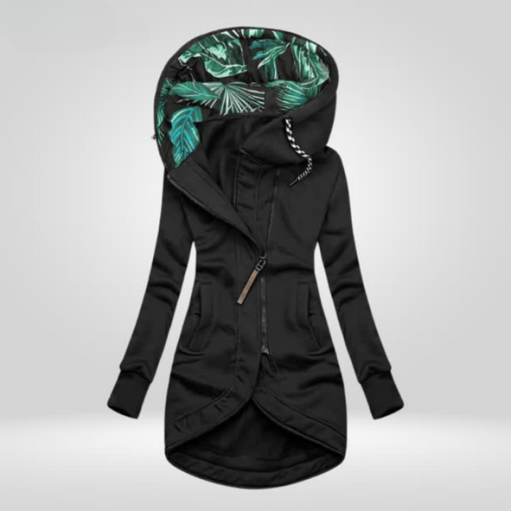 Full-length view of a women's elegant waterproof winter coat, showcasing its flattering silhouette.