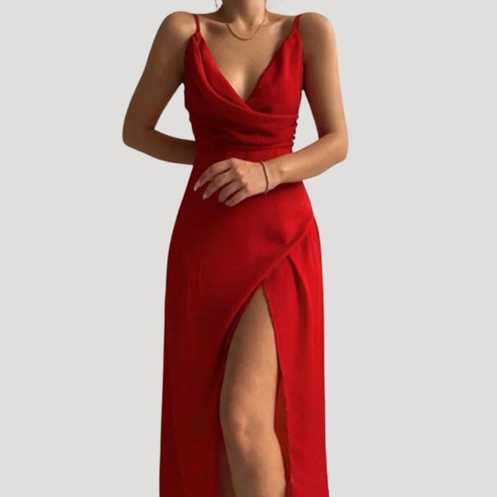 Elegant women's wedding guest maxi dress with a thigh-high slit, perfect for formal occasions.