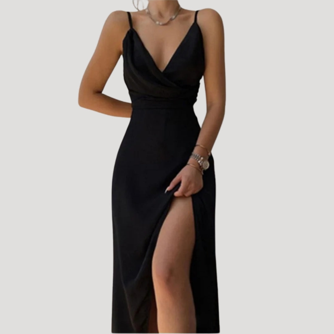 Graceful women's maxi dress with a slit, perfect for wedding guests and other formal evening events.