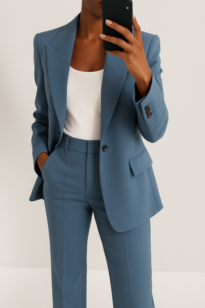 Elegant women's white blazer and trouser suit set, perfect for office or formal events.