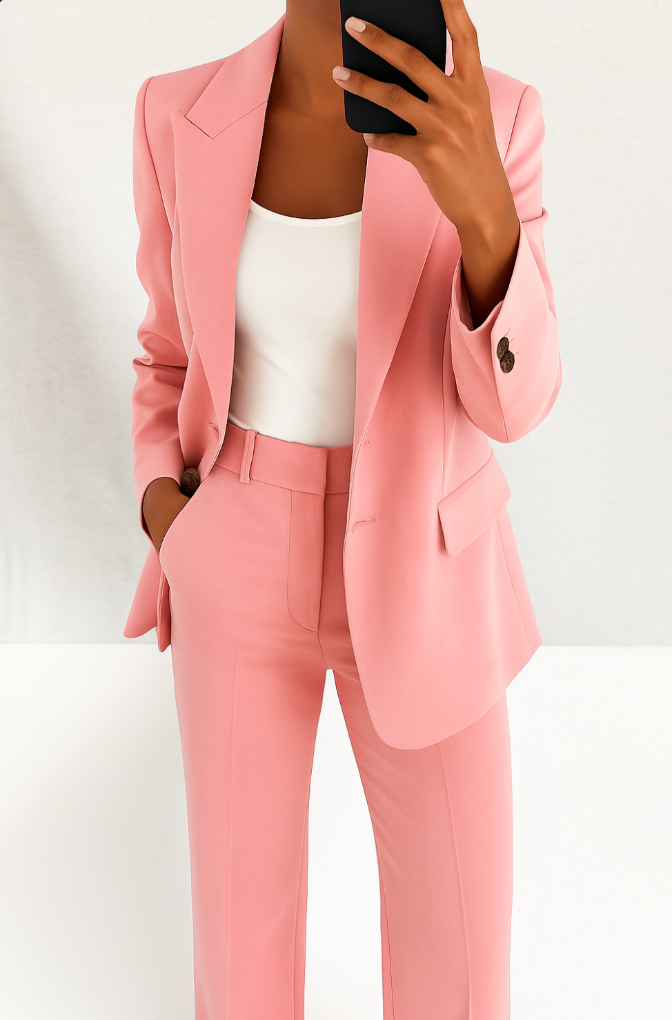 Complete look of a women's formal suit set, including a long-sleeve blazer and matching trousers.