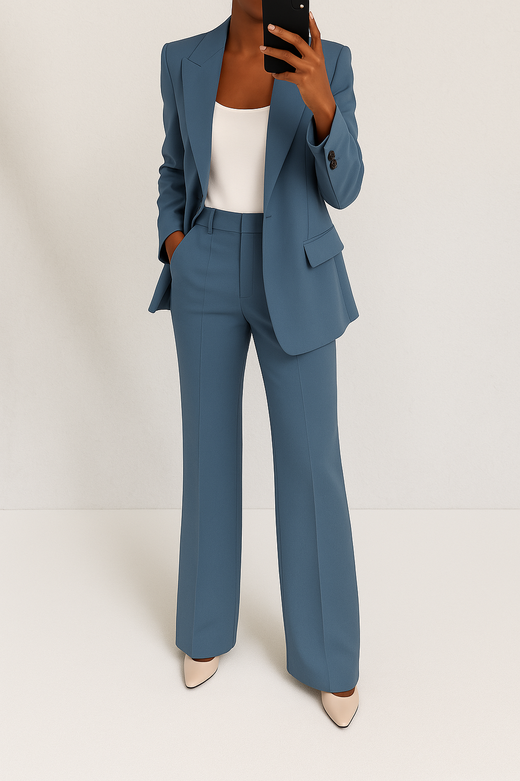 Stylish women's blazer and trouser suit in sophisticated grey, ideal for business attire.
