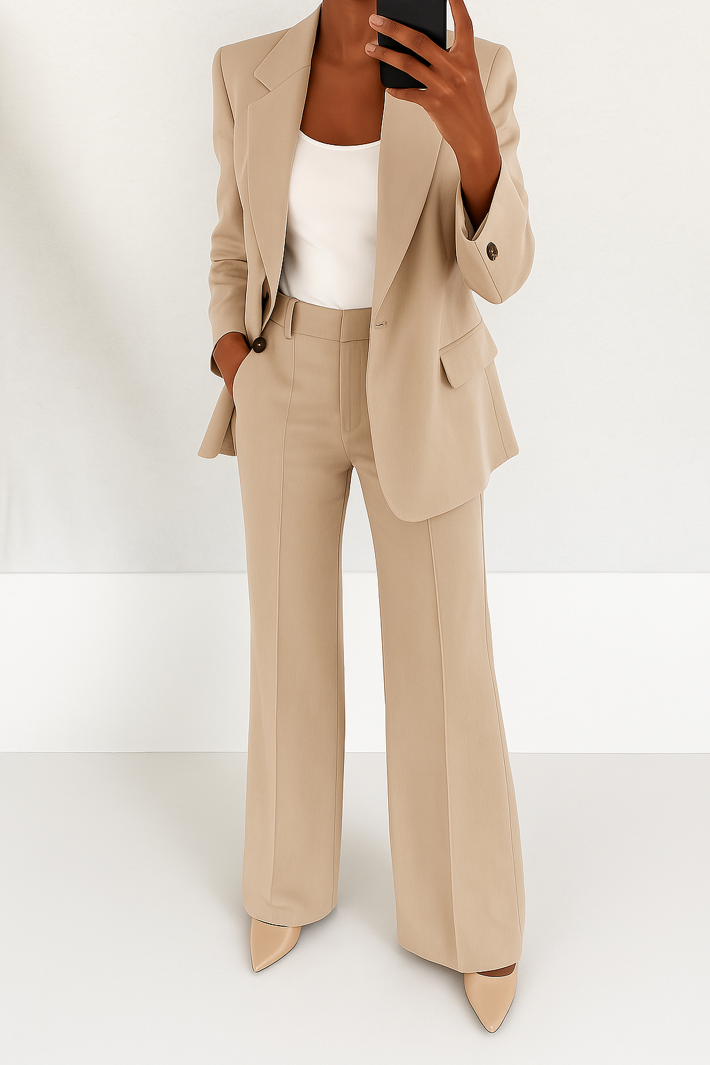Fashionable navy blue women's two-piece suit, an elegant choice for business or formal wear.