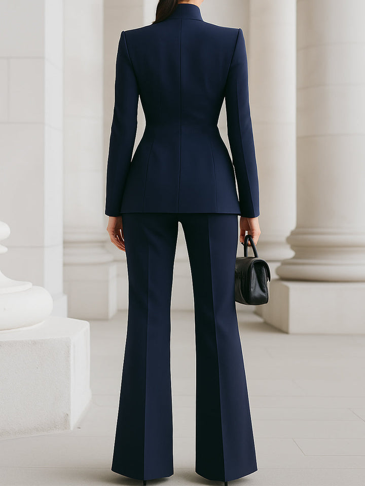 Chic women's power suit set, including a long-sleeved blazer and straight-leg trousers for office