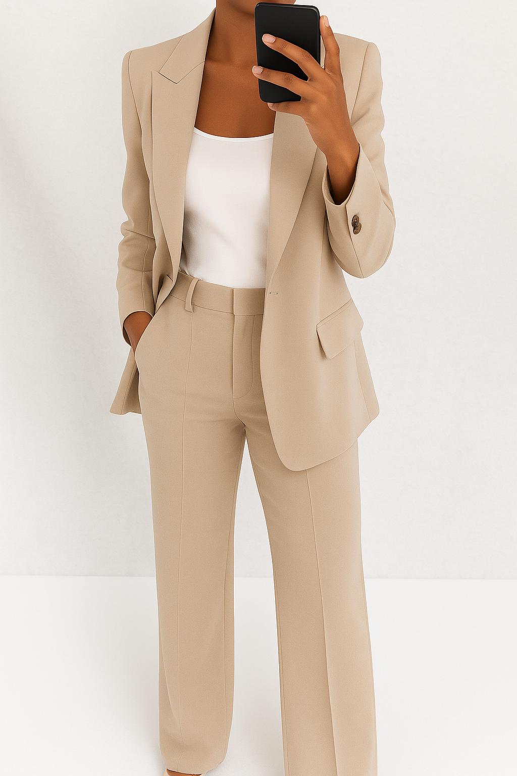 Cream colored women's elegant suit set, versatile for office wear or special occasions.
