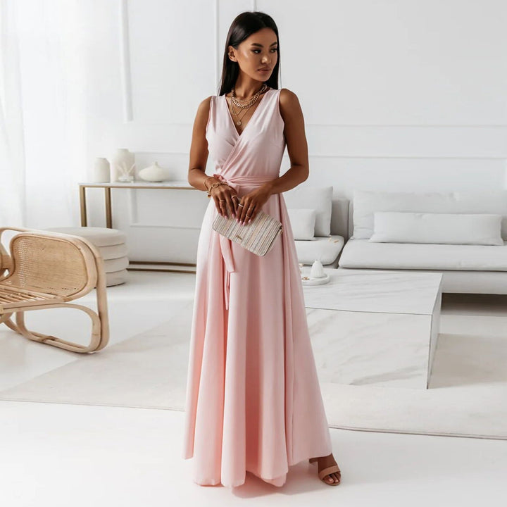 Elegant women's white floral wrap maxi dress with V-neck, perfect for a summer wedding guest outfit