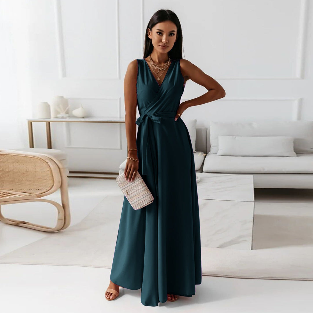 Stylish women's long wrap dress in a deep navy blue, ideal for formal events and parties