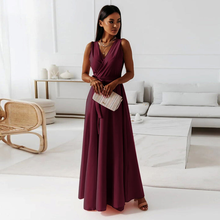 Women's vibrant red wrap maxi dress with a flattering V-neckline, great for summer garden parties