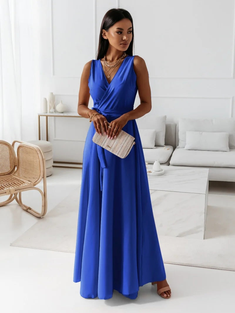 Women's sophisticated purple wrap maxi dress with short sleeves, an elegant long dress for any formal gathering