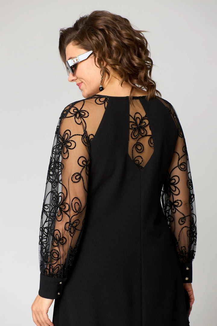 Elegant women's floral lace A-line dress with sophisticated long sleeves for evening wear
