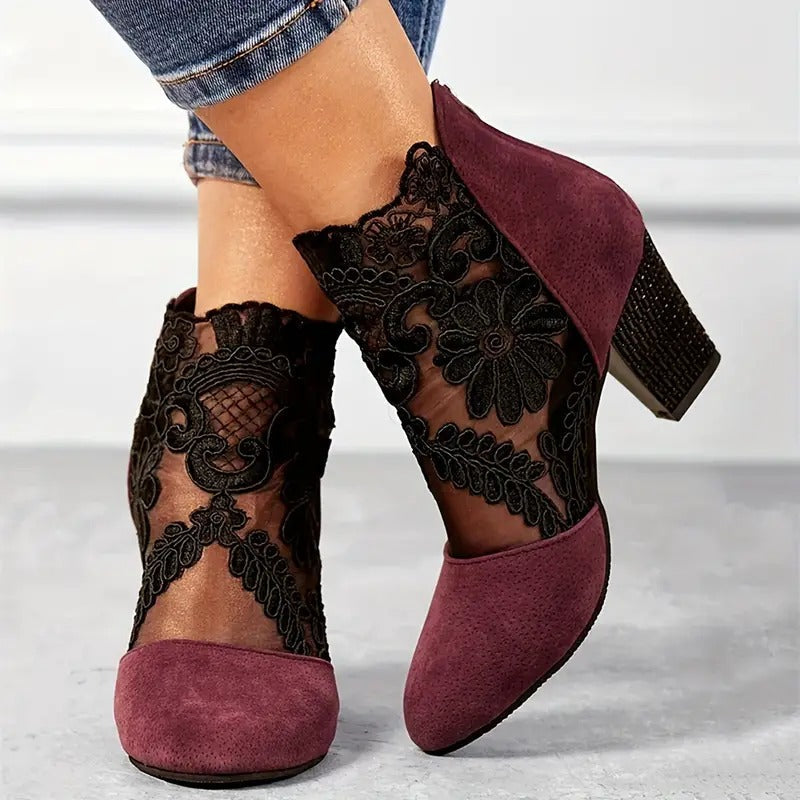 Handmade white lace high heels for women, featuring a delicate floral pattern and elegant design, ideal for party footwear.