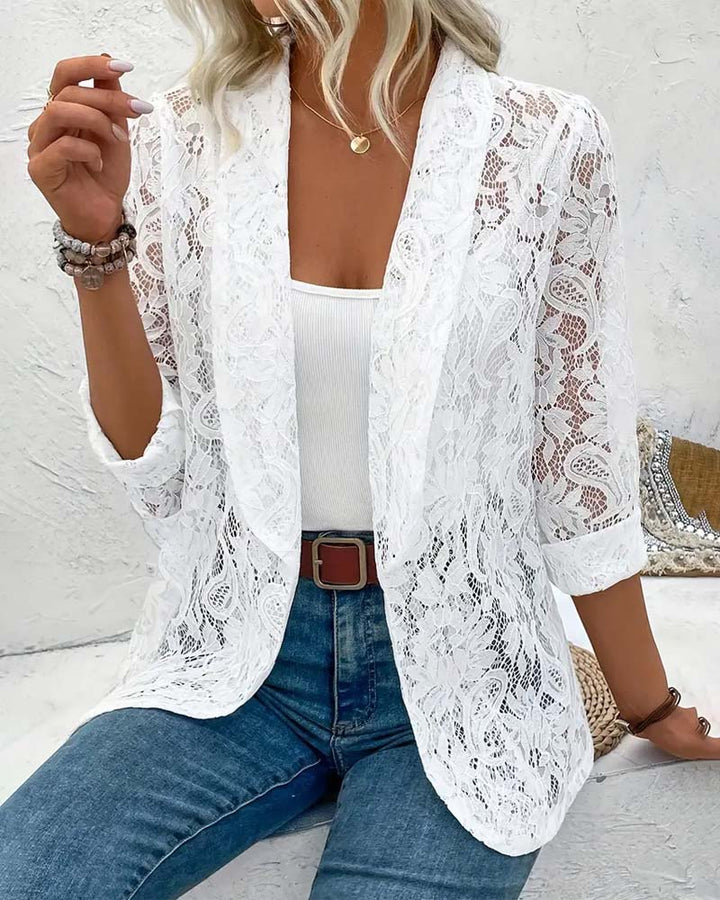 Elegant women's white lace trim blazer, perfect for spring office or formal wear.