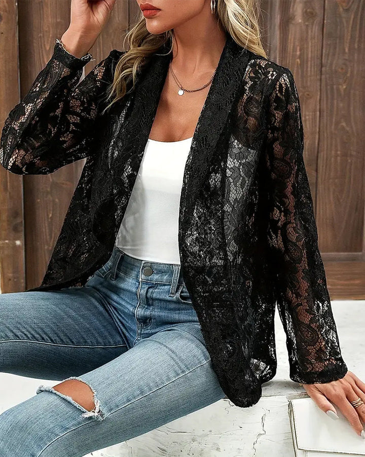 Chic black women's jacket with delicate lace detailing, ideal for summer elegant outfits.