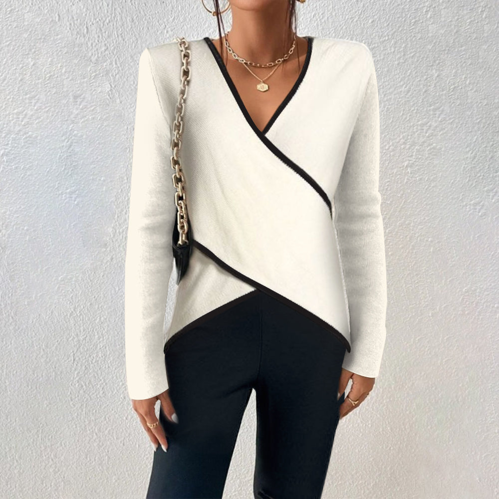 Elegant women's white long sleeve wrap V-neck sweater, perfect for winter knitwear fashion.