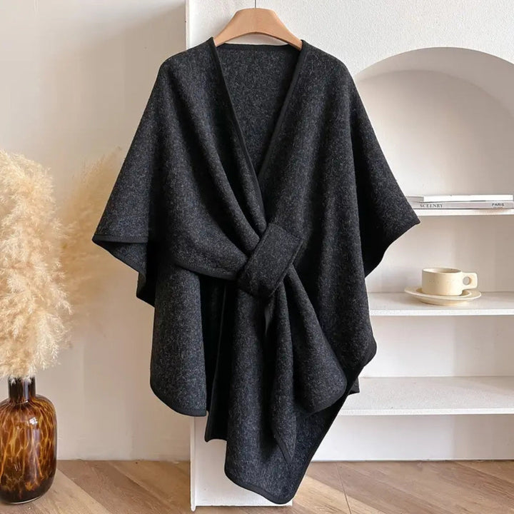 New women's beige wind-resistant shawl coat, a versatile elegant wrap for outerwear.