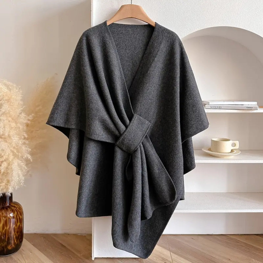Stylish black women's shawl coat, microfiber blend, perfect for wind-resistant office wear.