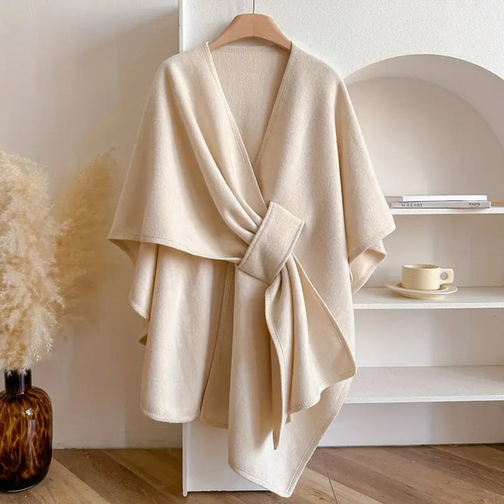 Elegant dark grey women's wind-resistant shawl coat, ideal outerwear for evening attire.