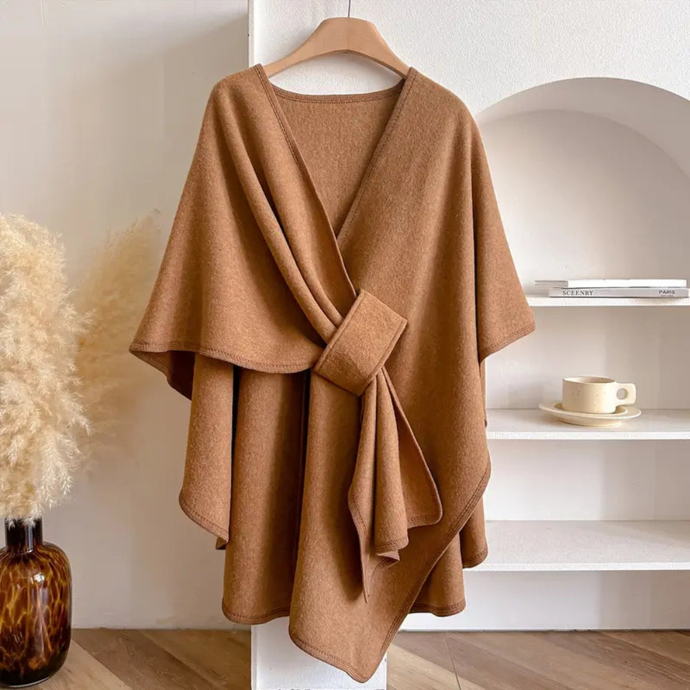 A sophisticated women's camel wind-resistant shawl coat, perfect elegant wrap for winter.