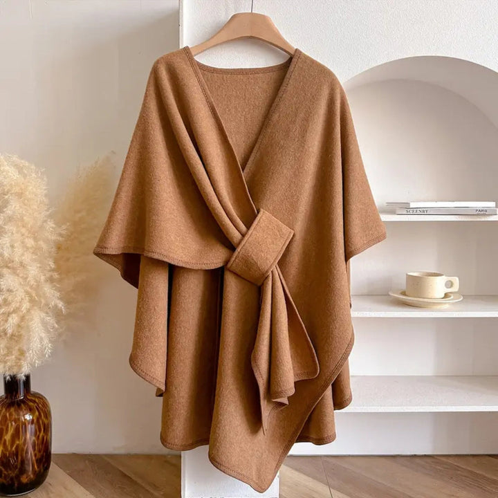 A sophisticated women's camel wind-resistant shawl coat, perfect elegant wrap for winter.