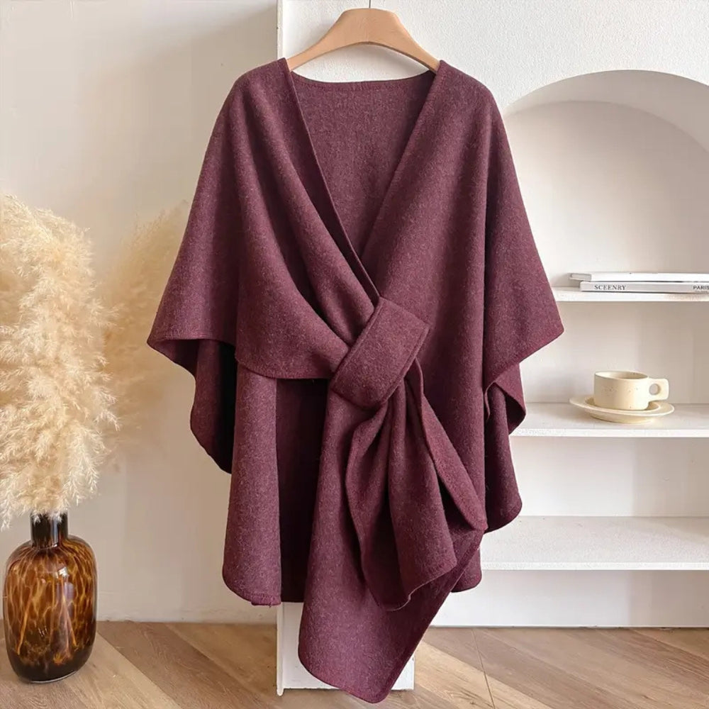 Women's red wind-resistant shawl coat, new elegant wrap for a bold winter fashion statement.