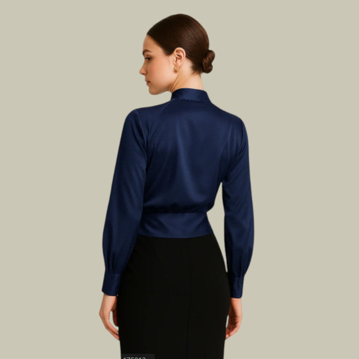 Luxury blue satin V-neck women's blouse, a sophisticated long-sleeve top for elegant wear