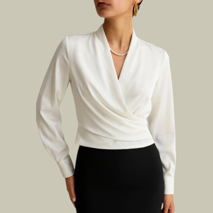 Women's white satin V-neck blouse, a chic and formal long-sleeve shirt perfect for office or events