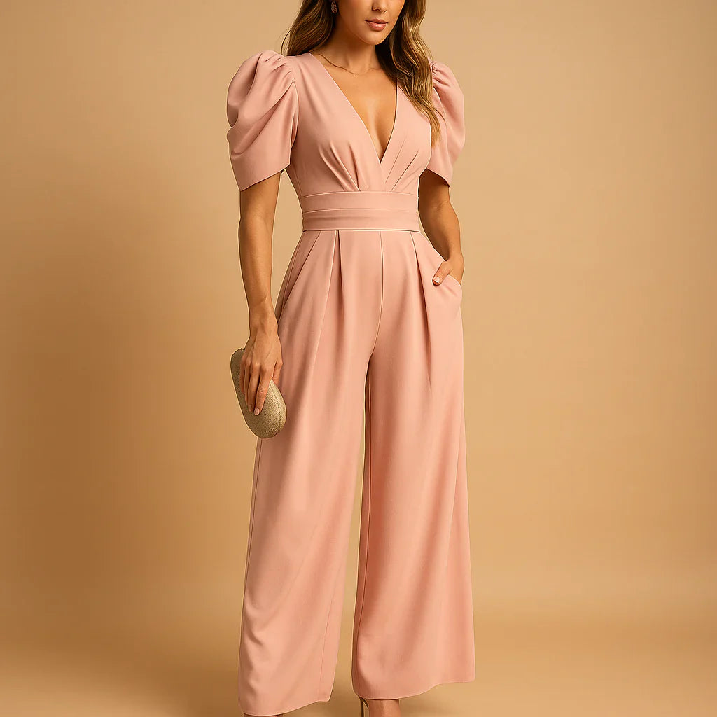Elegant women's white tailored jumpsuit with puff long sleeves, perfect for formal events.