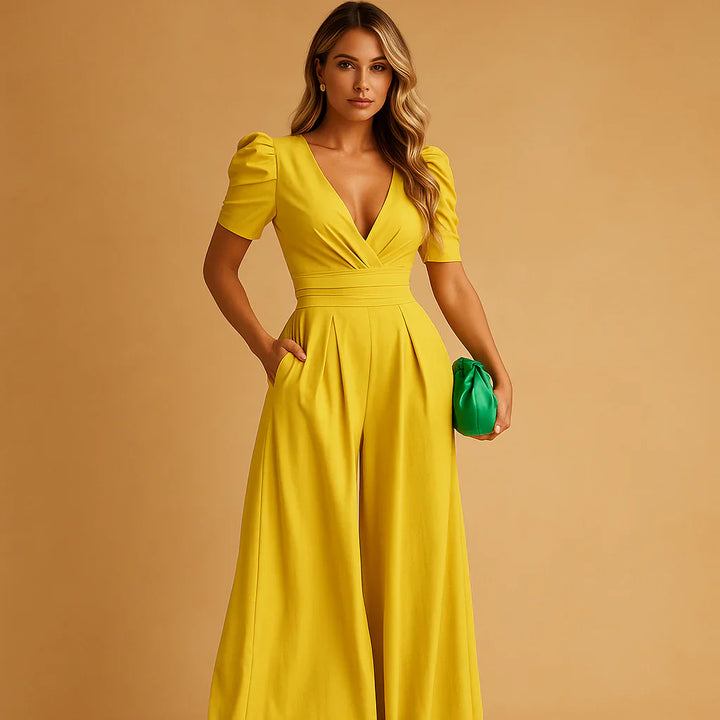 Stylish women's jumpsuit, new fashion formal wear with dramatic puff sleeves, ideal for parties.