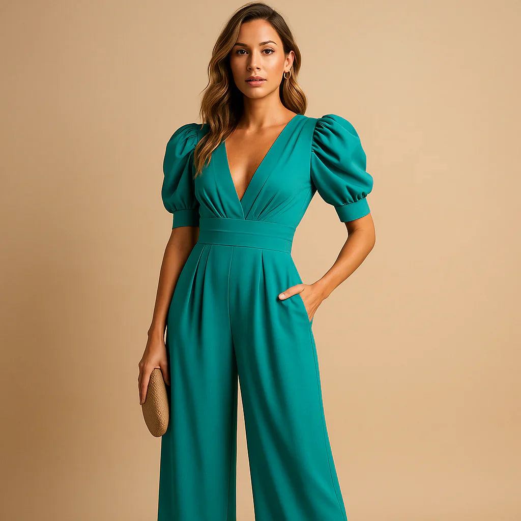 Sophisticated women's elegant jumpsuit with structured puff sleeves, suitable for special occasions.