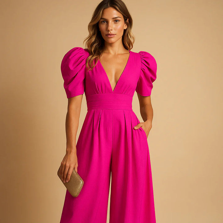 New arrival, women's tailored jumpsuit with chic puff long sleeves, a formal fashion statement.